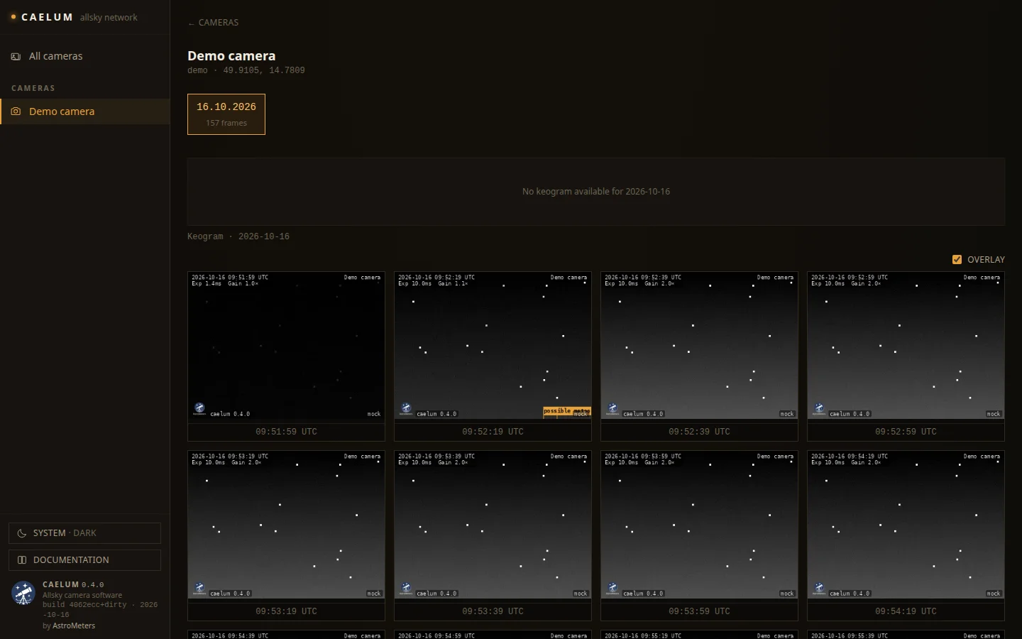 A camera in the remote viewer: dates, keogram and gallery